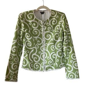 VTG Green Swirl Embroidered Trim Zip Up Pearl Pull Blazer Jacket 4 100% Cotton